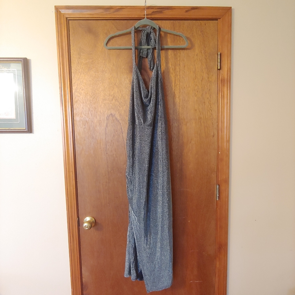 NWT Grace Karin Silver Grey Glitter Halter V Draped Neck Midi Dress Plus 2XL - Picture 3 of 9